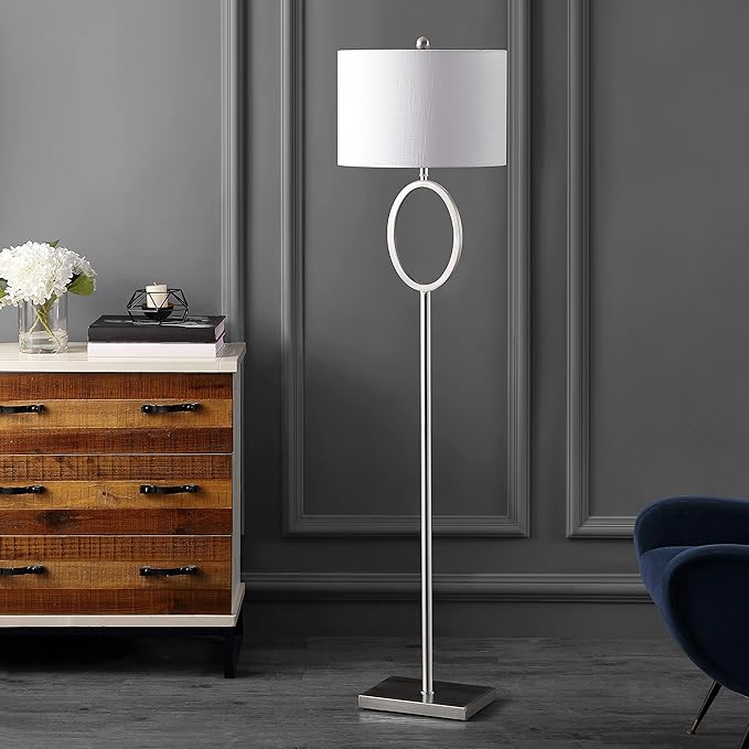 JONATHAN Y 61" Nickel Metal LED Floor Lamp for Living Room Modern Hoop Design Standing Lamp, White Linen Drum Shade, Bedroom Home Office, LED Bulb Included (JYL1089C)