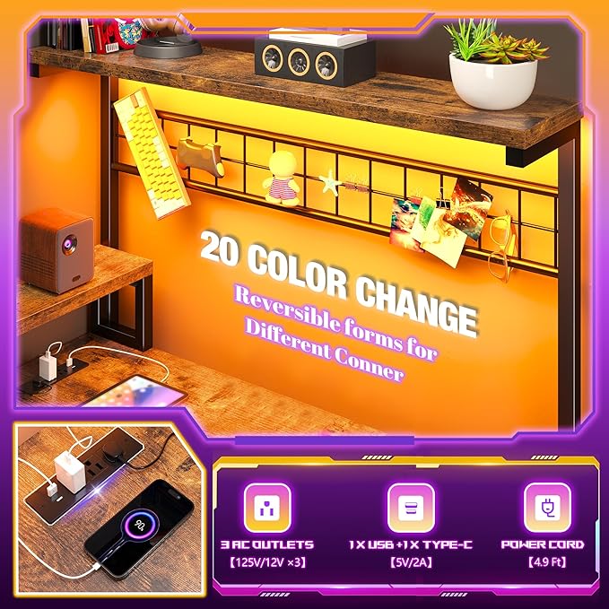 EnHomee 56" Medium L Shaped Gaming Desk with LED & Power Outlets,Computer Desk with Monitor Stand & Print Stand for Home Office,Reversible Corner Gaming Table with Storage Shelf & Hooks,Rustic Brown