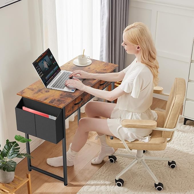 Sweetcrispy Computer Desk Small Home Office Bedroom Writing Study PC Tabke with Storage Space Fabric Side Bag Headphone Hook Metal Frame Adjustable Feet Modern Simple Style