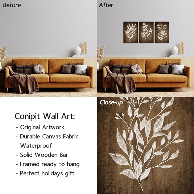 Conipit Rustic Botanical Wall Art Canvas Brown Botanical Painting Minimalist Vintage Leaf Plant Artwork Prints Framed For Living Room Bedroom Wall Decor 16''X24''X3pcs