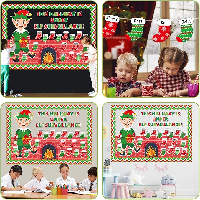 Christmas Bulletin Board Set Xmas Elf Hearth Classroom Bulletin Board Decorations Elf Fireplace Christmas Cutouts Classroom Decorations for Back to School Office Home Chalkboard Decor Wall Door