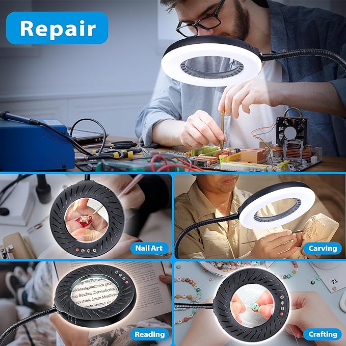 12X Magnifying Glass with Light and Stand, 5 Color Modes, 9 Dimmable Levels, Hands Free Flexible Gooseneck Magnifying Lamp, 2-in-1 LED Desk Lamp for Crafts Hobby Jewelry Sewing Reading Close Work