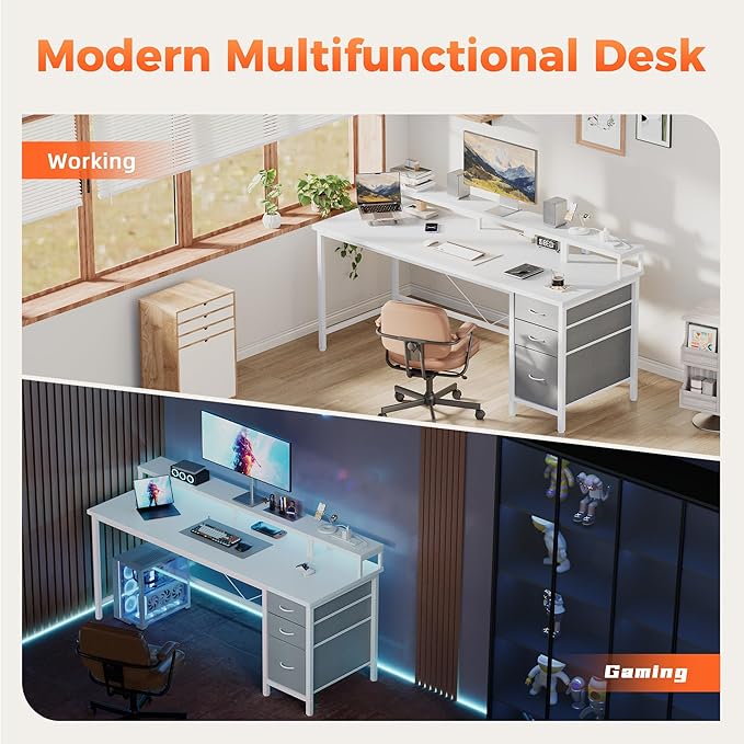 Mericonia Computer Desk 55 inch with Power Outlets & LED Lights, Gaming Desk with 3 Drawers for Home Office, Small Desk with Monitor Stand for Small Spaces, Study Writing Desk