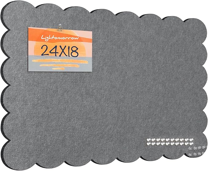 Scalloped Bulletin Board, 24 x 18 Inches Felt Pin Board - Decorative Cork Alternative for Wall, Foldable Picture Self-Adhesive Vision Prayer Board with 20 Pushpins - Gray