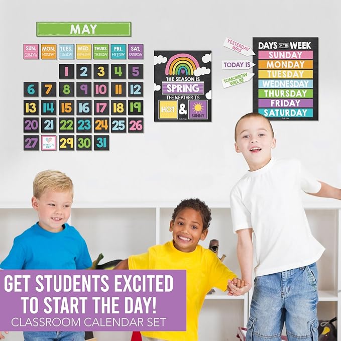 Hadley Designs Classroom Calendar Set Bulletin Board Decorations - Chalkboard School Calendar for Classroom Decor, Kindergarten Preschool Elementary Teacher Must Haves, Homeschool & Daycare Essentials