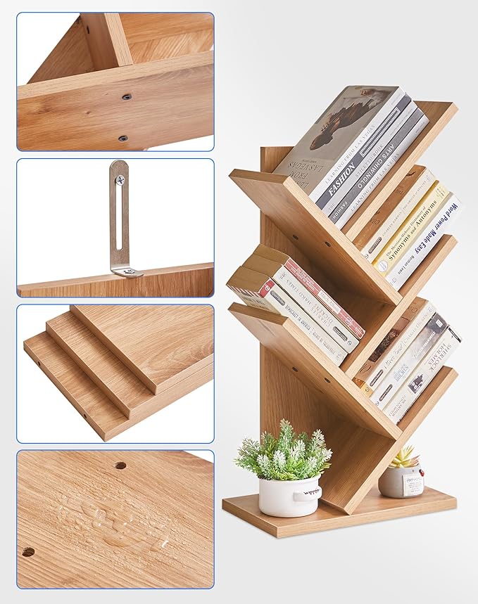 YMYNY 4 Tier Tree Bookshelf, Small Bookcase, Modern Wood Book Storage Rack, Freestanding Book Shelf for Books/Movies/CDs, Narrow Display Rack for Living Room, Home Office, Light Oak UHBC014K