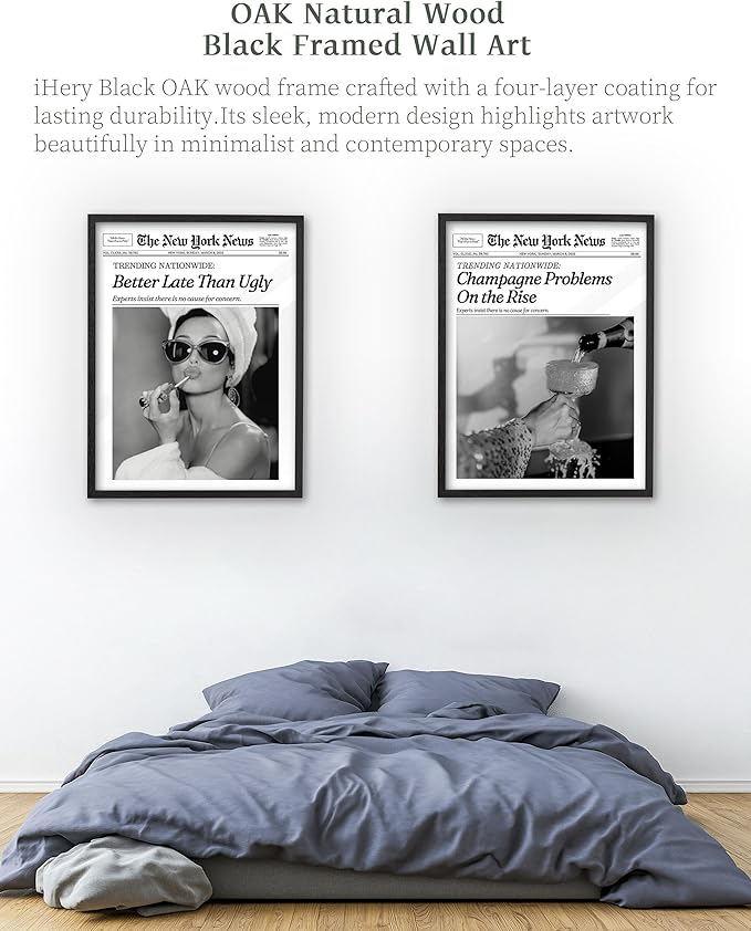 iHery Premium Natural Black OAK Wood 16x20in Audrey Hepburn Trendy Framed Wall Art, Vintage Funny Better Late Than Ugly Canvas Bathroom Wall Decor Essential,Girly Dorm Bedroom Living Room 1Pack