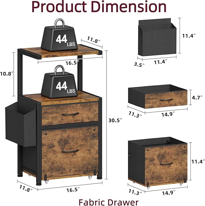Filing Cabinet with 2-Tier Printer Shelves, 2 Fabric Drawers File Cabinet with Side Bag&File Drawer for A4/Letter Size, Printer Stand with Storage for Home Office, Rustic Brown, 16.5" W