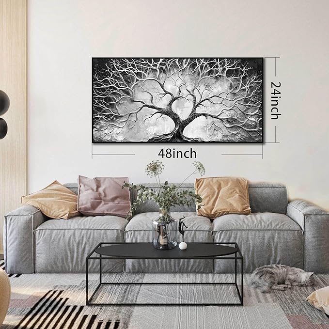 Black and White Wall Art for Bedroom - Black Framed Tree Canvas Wall Art for Living Room Size 24" x 48"