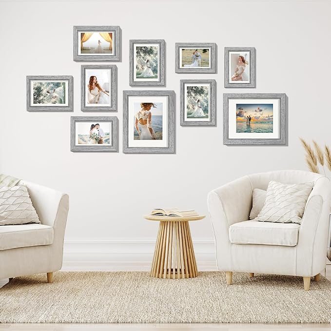 Picture Frames, Made of Real Glass and Wooden Frame, Gallery Photo Frames Set of 10 for Collage Wall Decor, Multi Sizes Including 8x10, 5x7, 4x6 for Mounting or Tabletop Display, Gray