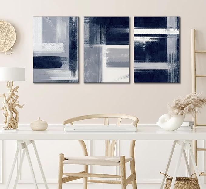 Wavkkey 3Pcs Navy Blue Abstract Canvas Wall Art Blue Grey Neutral Modern Geometric Abstract Painting Poster Wall Decor Print Artwork for Living Room Bedroom Office Home Decoration