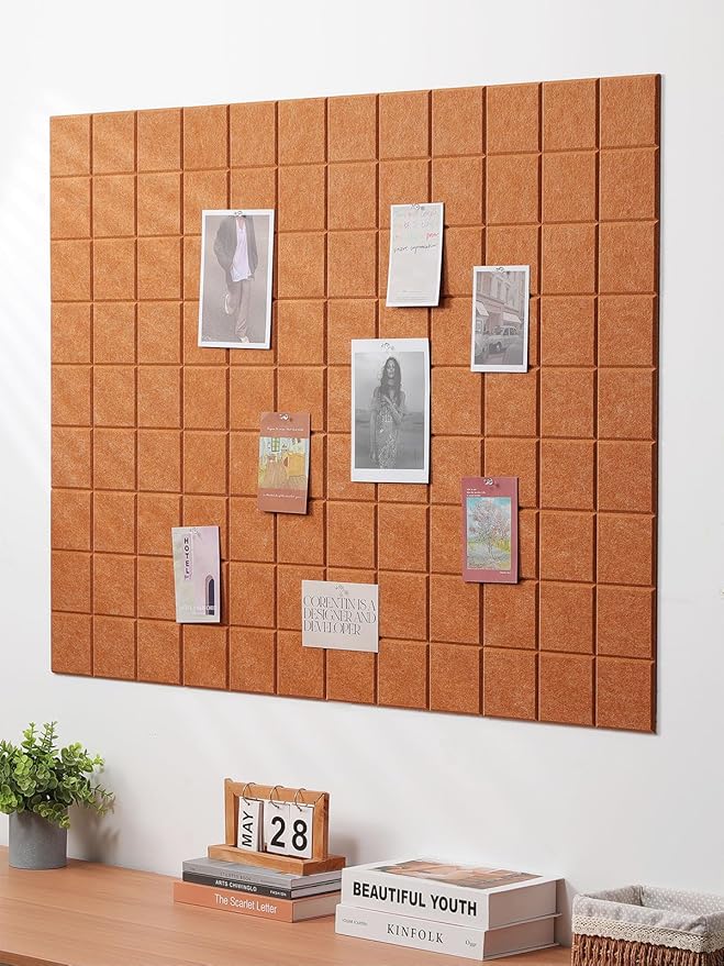 Large Cork Board, 12 Pack Felt Wall Tiles with Safe Removable Adhesive, Bulletin Board for Office, Pin Tack Corkboard for Quilting Design & Dart Wall Protector 48" x 36" - Goldenrod