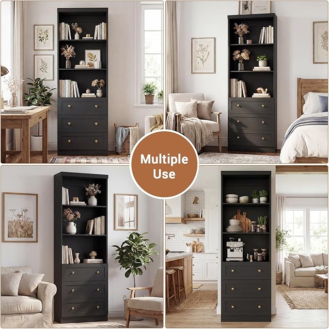 Cyclysio 80" Bookshelf with 3 Drawers, Tall Bookcase with Thickened Top Panel and 3-Tier Open Shelves, Tall Storage Cabinet for Home Office, Living Room, Black, Set of 2