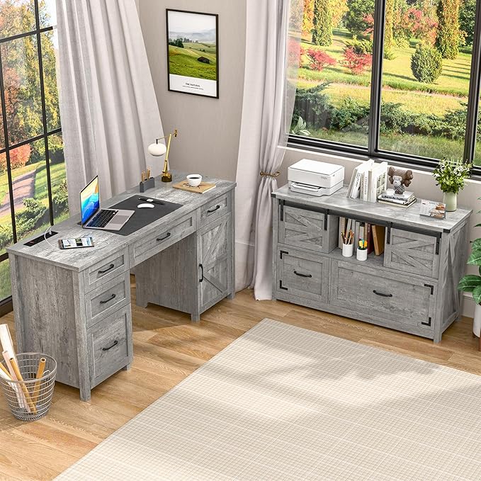 Vabches Lateral File Cabinets 2 Drawer with Sliding Barn Doors, Farmhouse Filing Cabinet with 2 Drawer for Home Officeļ¼Filing Organization Storage Cabinets for Hanging Files Letter/Legal/F4/A4.Grey