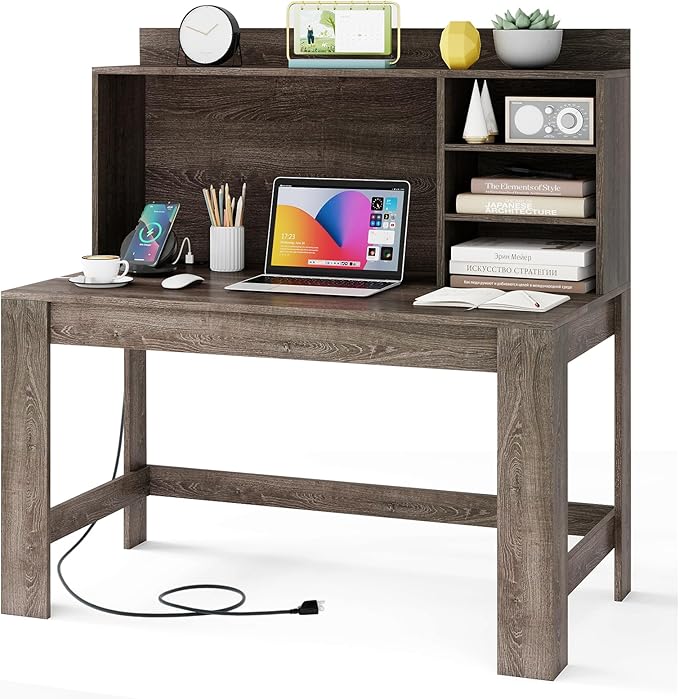 Tangkula Computer Desk with Hutch & Charging Station, Home Office Writing Study Desk with Storage Shelves, Cable Management Hole, Laptop Desk, Desk for Bedroom, Computer Workstation (Gray Oak)