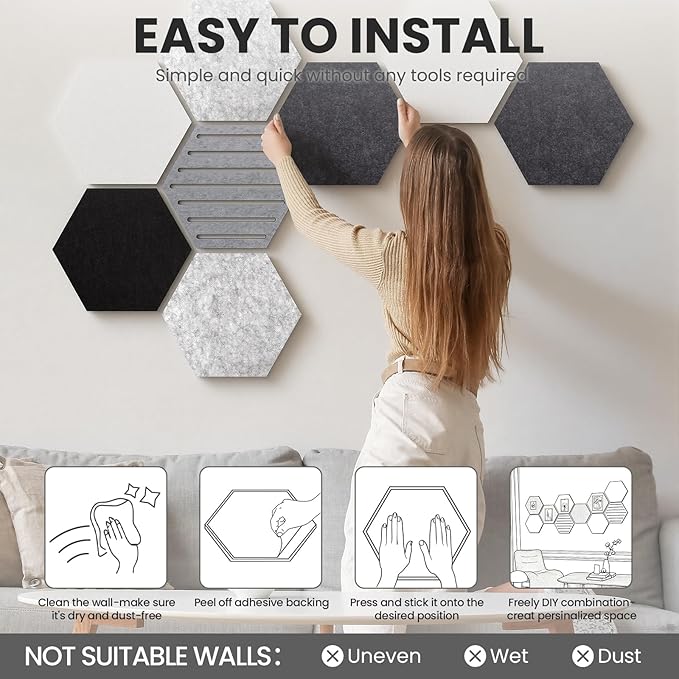 Hexagon Cork Bulletin Board Tiles, 10 Pack Felt Board with 25 Push Pins, Photo Display Board for Office & Home Classroom Wall Decor, 11.8x10.2 Inches