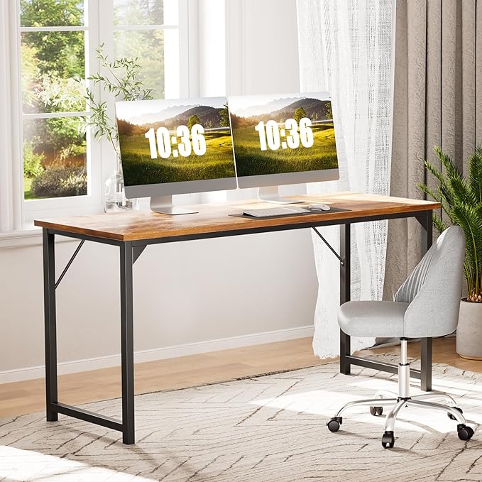 Sweetcrispy Computer Small Office Desk 32 Inch Student Study Writing Work with Metal Frame Wood Tabletop Modern Simple PC Home Bedroom Table, Rustic Brown
