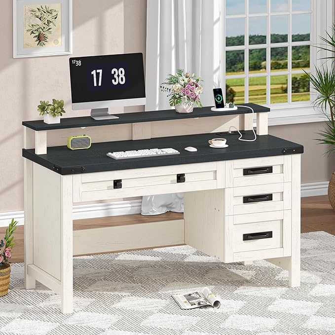 Farmhouse Computer Desk with Drawers, 47" Small Computer Desk with Power Outlets, Home Office Desk with Monitor Stand & 4 Drawers, Writing Study Table, Black & White