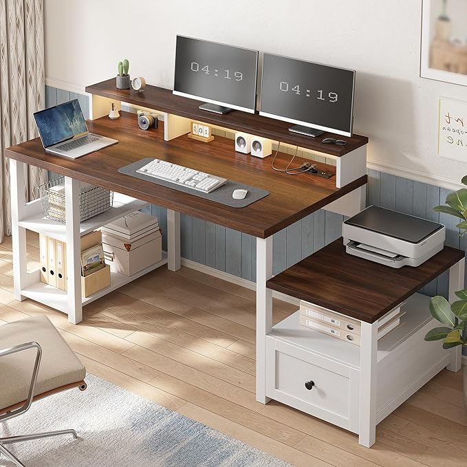 EnHomee 60.4" Computer Desk with Drawer & Power Outlet, Gaming Desk with LED Light, Farmhouse Desk Study Desk with Monitor Stand, Home Office Desk, Work Desk for Bedroom, Study Room, White