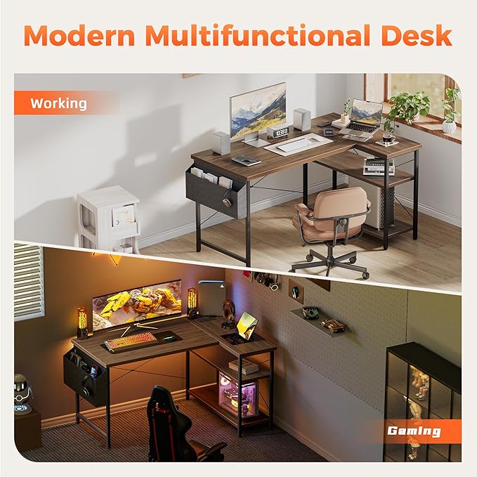 Mericonia Small L Shaped Computer Desk with Power Outlets, Reversible Gaming Desk with Storage Shelves, Corner Gamer Desk Table, Study Writing Table