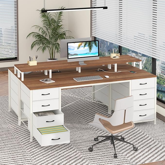 60 Inch Computer Desk with 8 Fabric Drawers, Gaming Desk with LED Lights & Power Outlets, Home Office Desk with Monitor Stand, Brown and White
