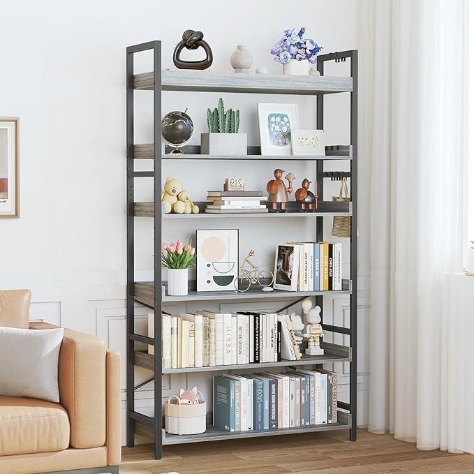 HCHQHS Bookshelf, Adjustable Industrial Bookcase, Vertical Tall Book Shelf, Wood and Black Metal Open Bookshelves for Home Office, Living Room, Bedroom (Grey, 6-Tier (31" W x 70" H))