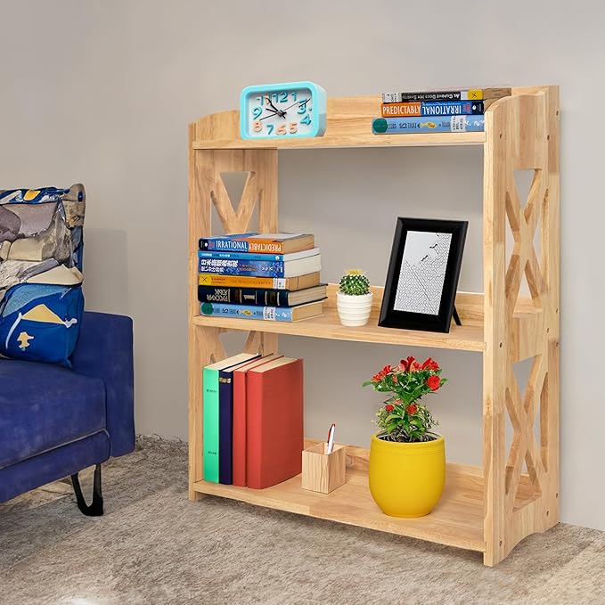 Wooden 3 Tier Bookshelf, Small Wood Bookcase Storage Shelf, Open Shelf Organizer for Bedroom, Living Room and Office (Natural, 3 Tier)