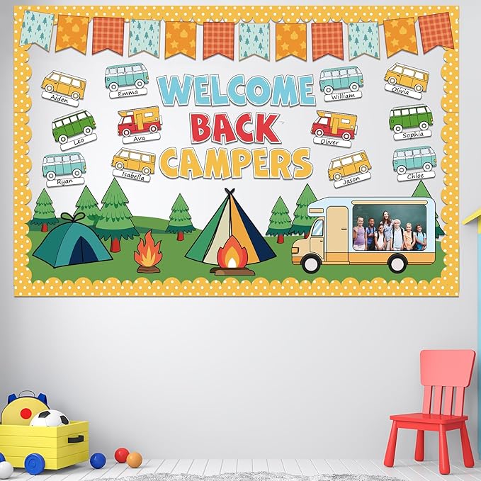 Summer Camping Bulletin Board Decorations Set Welcome Back Camper Classroom Decor Adventure Camp Themed Campfire Tent Paper Cutouts for Woodland Party Back to School Chalkboard Wall Supplies Favor