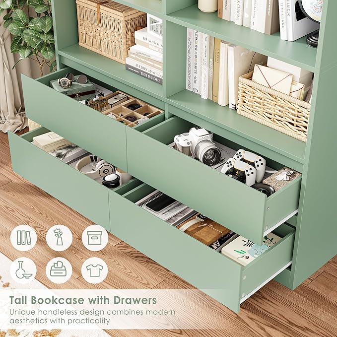 FINETONES Bookshelves and Bookcase, 47.3" Double Wide Bookshelf with Drawers, 71" Tall Bookshelf Large Open Book Shelf Standing Book Case for Home Office, Green