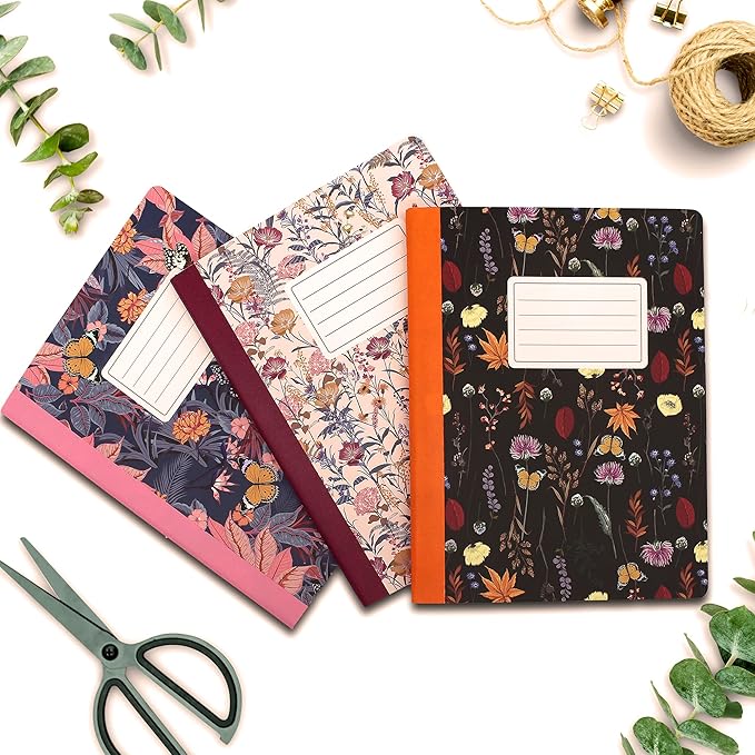 Pukka Pad, Composition Notebooks - 3 Pack of Journals Featuring 140 Pages of College Ruled 80GSM Paper with Sturdy Cover Stock - 9.75 x 7.5in - Bloom