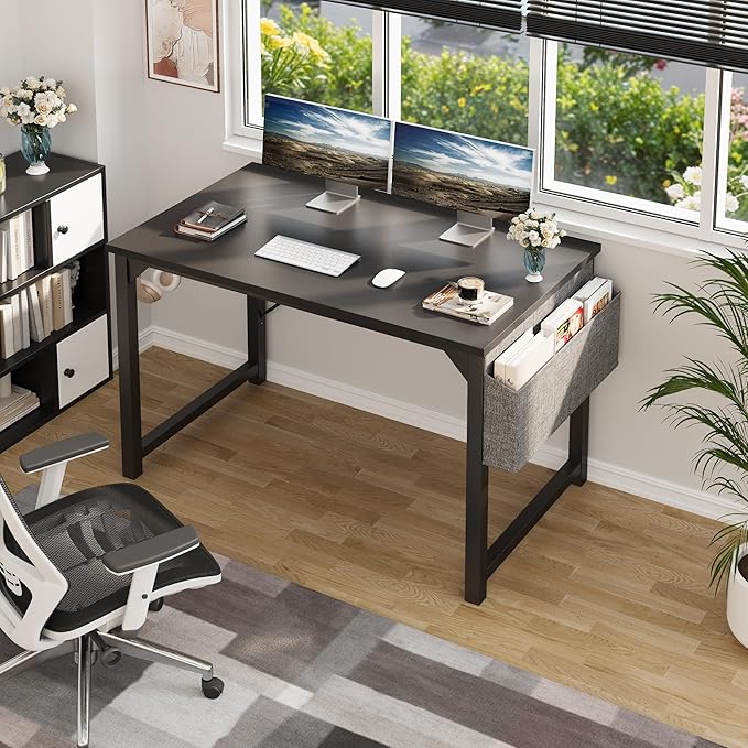 Shahoo Computer Desk, 40 Inch Office Writing Work Table, with Storage Bag and Hook, for Home, Study, Black