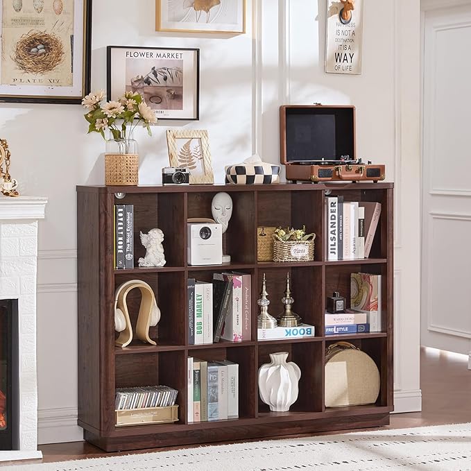 12 Cube Storage Organizer, 41" Large Bookshelf with Curved Edge, Wood Floor Standing 3-Tier Cubby Bookcase w/Base, Vintage Display Storage Cabinet, Book Case for Living Room, Office, Walnut