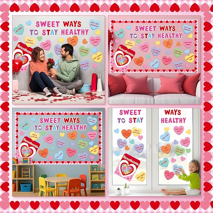 Valentine's Day Health Habit Bulletin Board Set Valentines Sweet Ways to Stay Healthy Classroom Decoration Sweet Love Heart Cutouts Heart Bulletin Board Border for School Home Wall Door Party Supplies