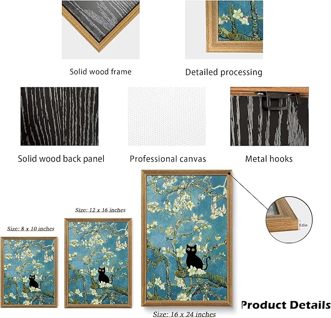 Fantasy Artists Van Gogh's Almond Blossom Funny Black Cat Canvas Wall Art, Oil Painting Posters Home Decor, Vintage Abstract Aesthetic Wall Decorations for Living Room Bedroom, 16'' x 24''