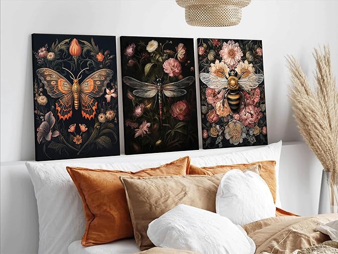 3pcs Dark Floral Canvas Wall Art Vintage Butterfly Dragonfly Bee Painting Picturts Wall Decor Gothic Dark Academia Aesthetic Posters Print Artwork for Bedroom Living Room Home Decoration 16x24in