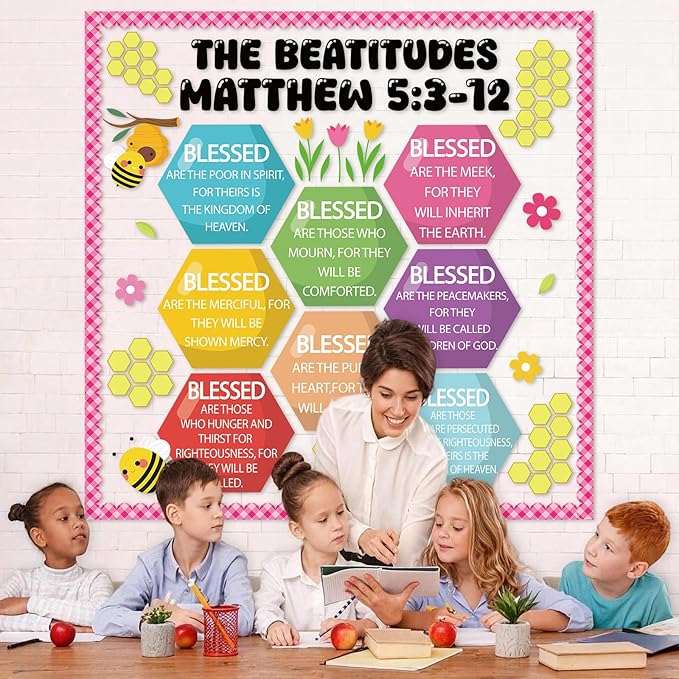 Christian Bulletin Board Decoration The Beatitudes Matthew 5:3-12 Classroom Decoration Motivational Bible Verse Paper Cutouts for Back to School Sunday School Church Parish Decor(Sunshine)