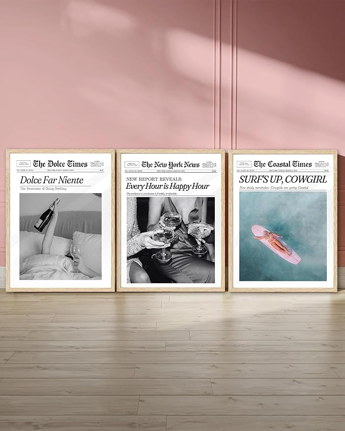 iHery Unframed Coastal Trendy Cowgirl Wall Art Decor, 12x16in Canvas Newspaper Retro Print,Surfer New York News,Coastal Prints Western Vintage Bar Cart For Home Living Room1Pack