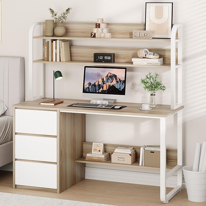 Computer Desk with 3 Drawers and Shelves, 55 Inch Desk with Hutch for Small Spaces, Study Writing Desk with Shelves for Bedrrom, Adjustable Feet, Walnut