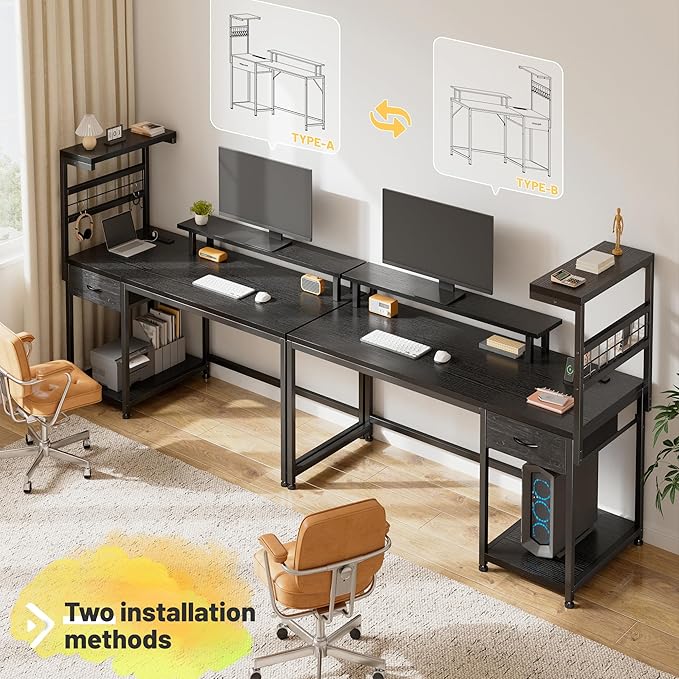 EnHomee 48" Gaming Desk with LED Lights & Power Outlets, Home Office Desk with Monitor Stand, Computer Desk with Drawer & Storage Shelves for Living Room, Study Room, Gaming Room, Black
