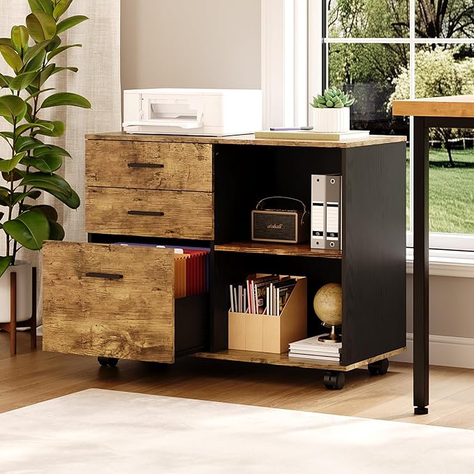 VINGLI 3 Drawer Wood Lateral File Cabinet with Adjustable Shelves & Locking Wheels, Printer Stand with Drawers for Letter, Sturdy Black File Cabinets for Home Office, Study & Business, Rustic Brown