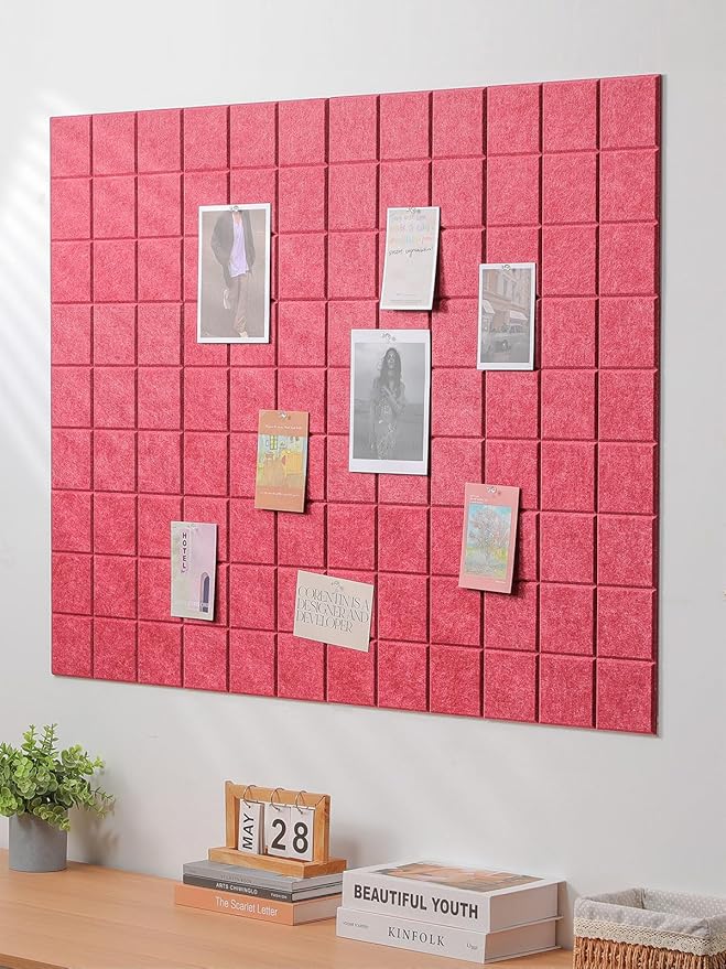 Large Cork Board, 12 Pack Felt Wall Tiles with Safe Removable Adhesive, Bulletin Board for Office, Pin Tack Corkboard for Quilting Design & Dart Wall Protector 48" x 36" - Light Crimson