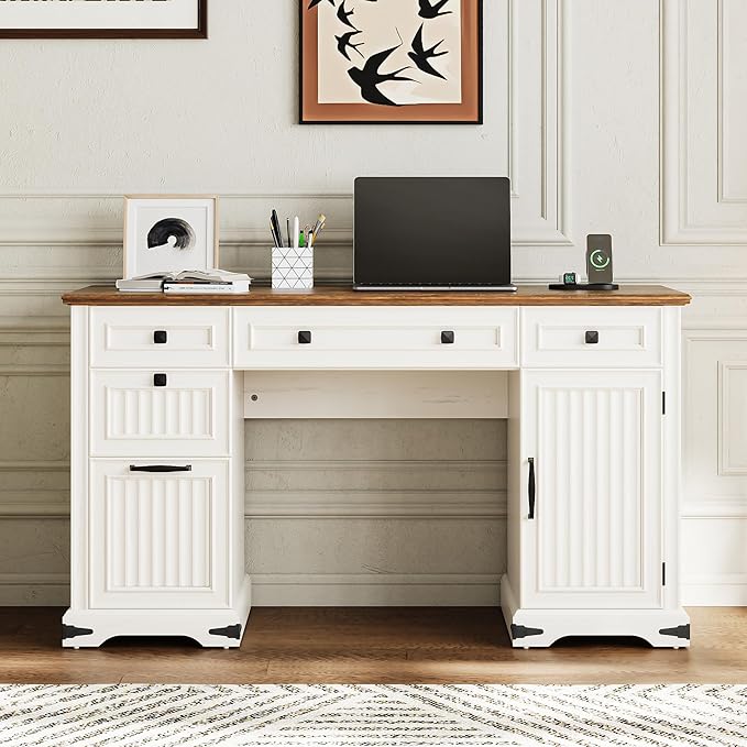 IRONCK 55'' Farmhouse Desk Home Office with Drawers, Wooden Computer Desk with Charging Station, File Drawers and Storage Cabinet, Executive Desk for Work, Study Writing, White