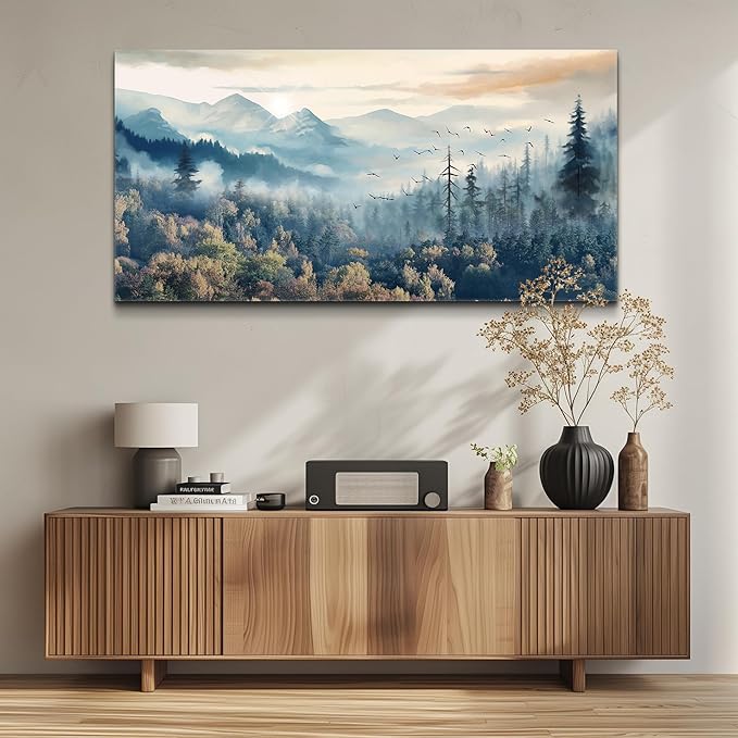 MHARTK66 Modern Canvas Wall Art For Living Room Decorations For Bedroom Office Wall Decor Prints Foggy Forest Trees Landscape Wall Painting Pictures Ready To Hang Room Home Decor 20x40 in