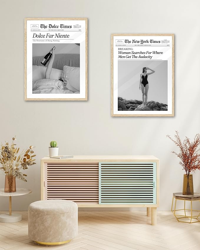 iHery Natural OAK Wood Framed Trendy NewsPaper Wall Art,12x16in Retro Magazine Canvas Wall Art, Funny Bathroom Decor,Woman Searches For Where Men Get The Audacity,Girly Bedroom Dorm Artwork 1Pack
