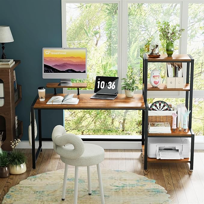 GreenForest Computer Desk 58 inch with Printer Shelf, Reversible Office Desk with Monitor Stand and 2 Hooks, Home Workstation for Study Writing Working Gaming, Brown