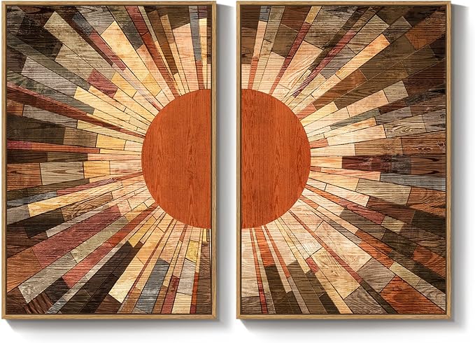 Framed Boho Mid Century Sun Wall Art for Living Room, Set of 2 Abstract Farmhouse Sunrise Canvas Artwork for Walls, Vintage Earth Tone Painting Print Wall Art Decor for Bedroom Home Office, 24x36 Inch