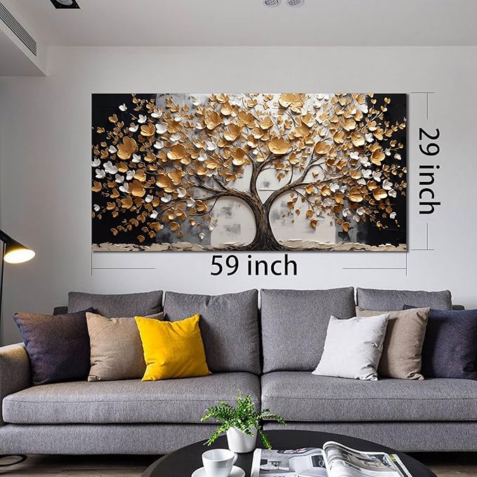 SKYRISE Abstract Gold Tree Wall Art for Living Room, Golden Tree Canvas Wall-Decor for Bedroom, Modern Landscape Decorative-Picture Print Artwork for Office Home, Large Size 59x29 Inches