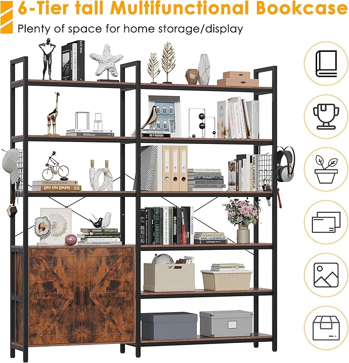 Semoic 6-tire Farmhouse Corner Book Shelf with 2 Barn Doors and 10 Storage Shelves, 71.3" Tall Convertible Etagere Bookcase with Storage Cabinet, Large L Shaped Bookshelf for Living Room(Rustic Brown)