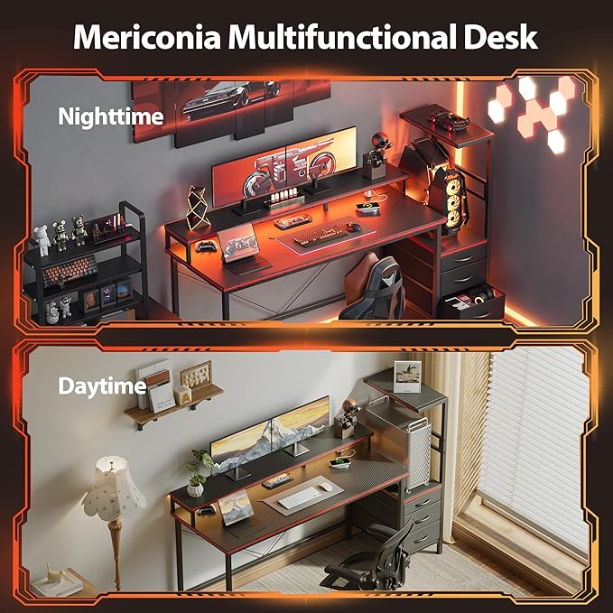 Mericonia Gaming Desk with Power Outlets & LED Lights, Reversible Computer Desk with PC Case Stand, Fabric Drawers, Modern Office Desk with Shelves, Monitor Stand