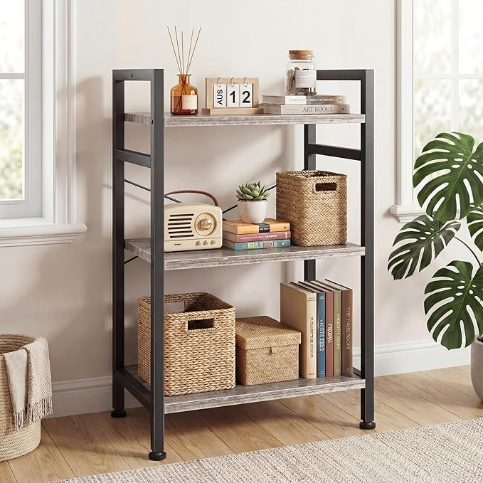 DUMOS 3 Tiers Bookshelf, Classical Book Shelf, Tall Display Shelves in Living Room/Home/Office, Storage Organizer for CDs/Books/Movies, Wood Grey